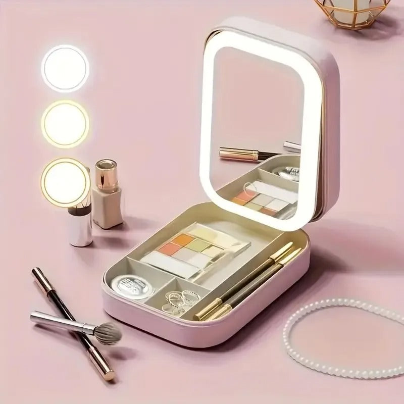 Luxury Portable Leather Jewellery Box with Integrated LED Mirror