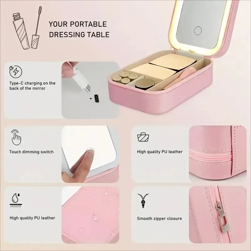 Luxury Portable Leather Jewellery Box with Integrated LED Mirror