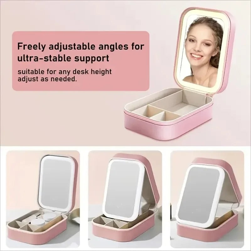 Luxury Portable Leather Jewellery Box with Integrated LED Mirror